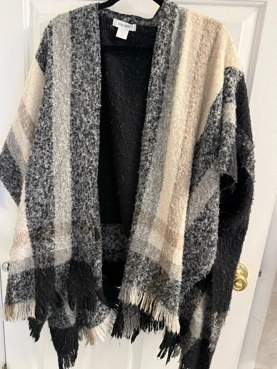 Nine West Black & Cream Plaid Fringe Open Poncho - Picture 3 of 5